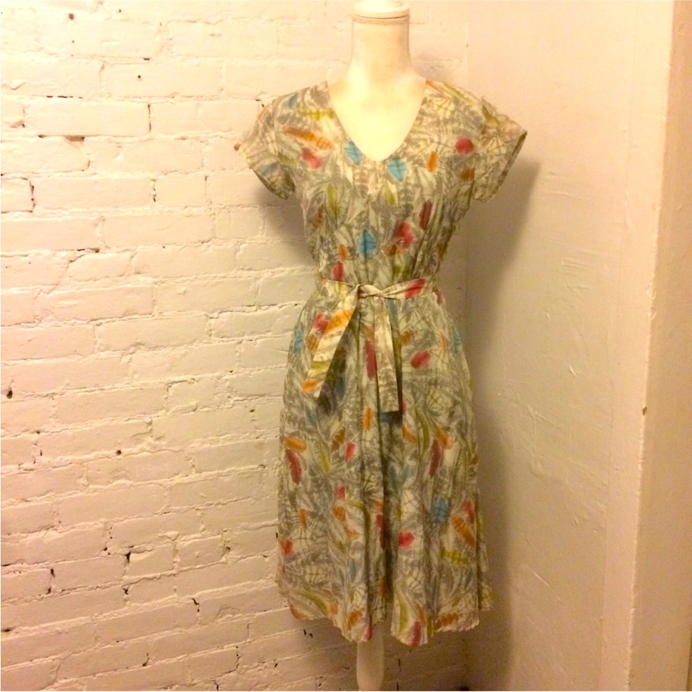 Brora short sleeve tie waist midi dress cotton blend feather print size 6